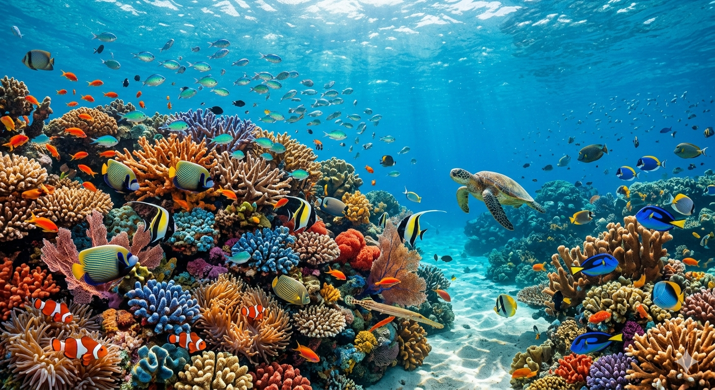 A breathtaking ultra-realistic view of a vibrant coral reef teeming with exotic sea life in crystal clear tropical ocean water, 8k resolution, cinematic lighting, Nano Banana2 (no woman image)